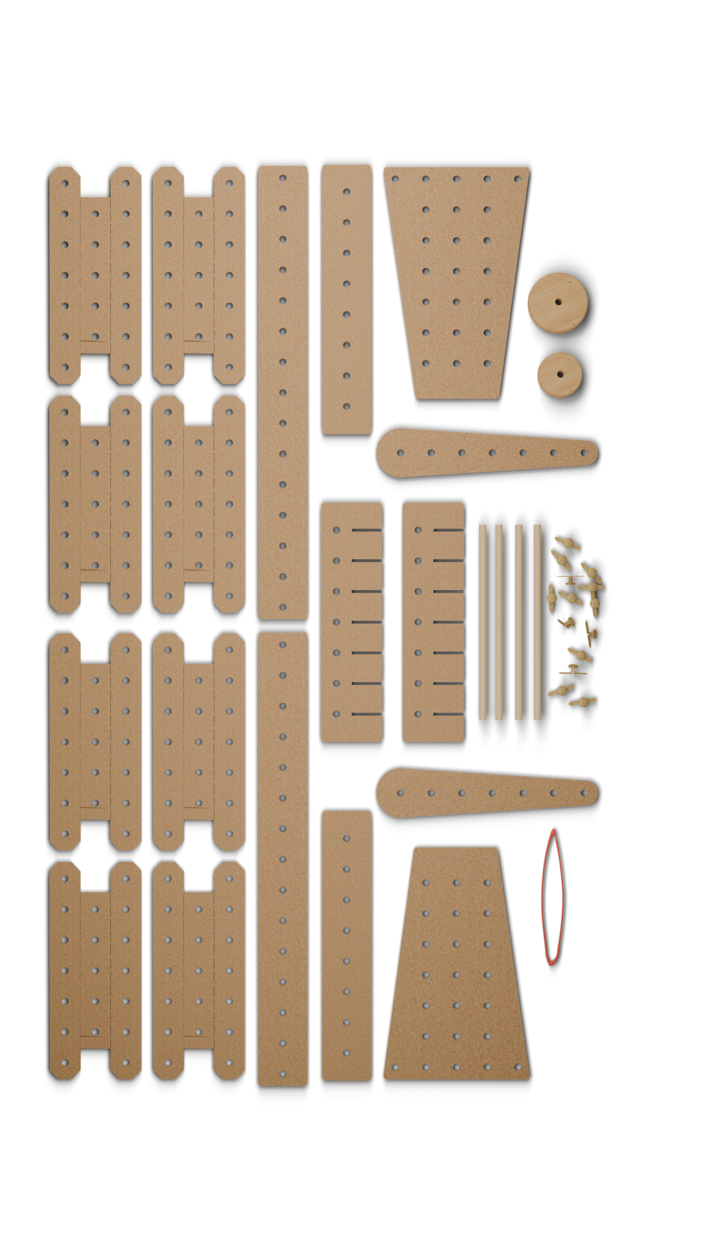 Box contents: 18 carboard pieces, 2 wooden wheels, 25 paper fasteners, 1 rubber band & 4 wooden sticks